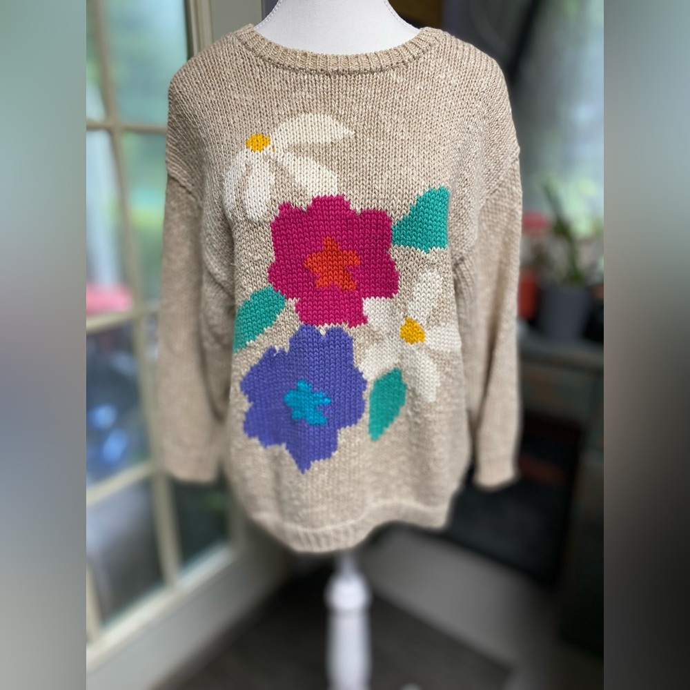 Floral Knit Women's Sweater - Beige with Multicolor Design